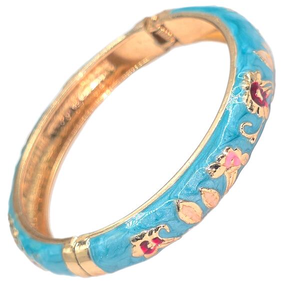 Jiu Long Xing Vintage Floral Cloisonné Turquoise Enamel Hinged Bangle Bracelet - Picture 5 of 5